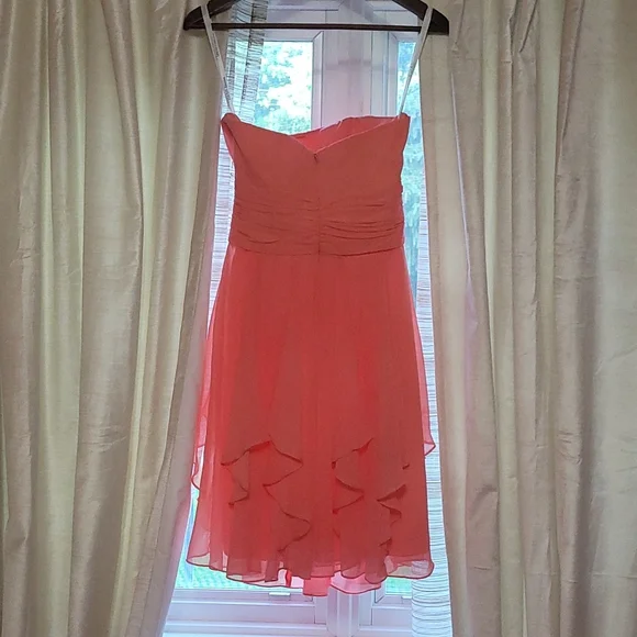 Strapless Chiffon Dress with layered skirt, style no. F14169 size 2 color: Coral - Picture 3 of 5
